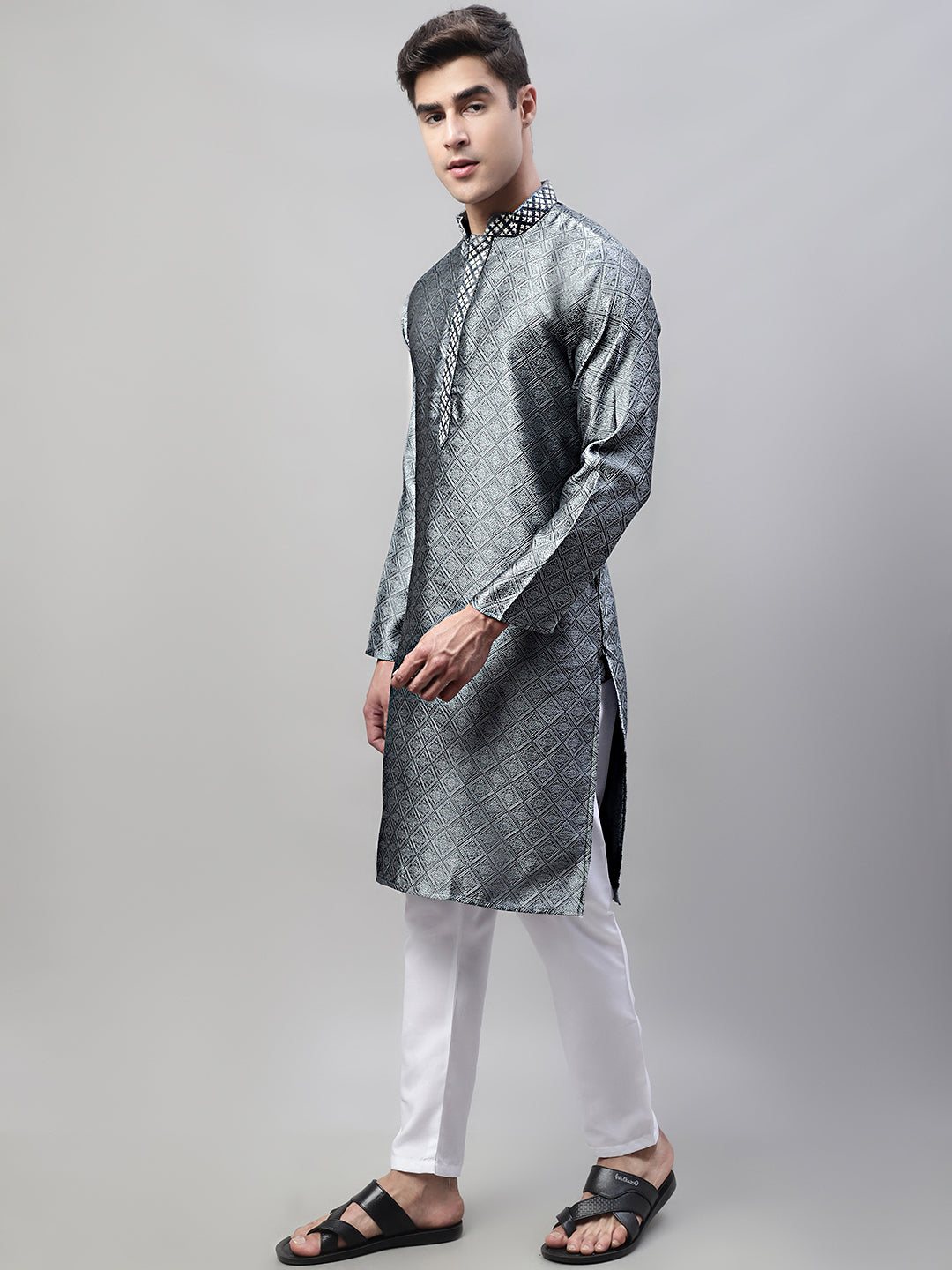Jompers Men's Grey Collar Embroidered Silk Jacquard Kurta Pyjama | Grocsy