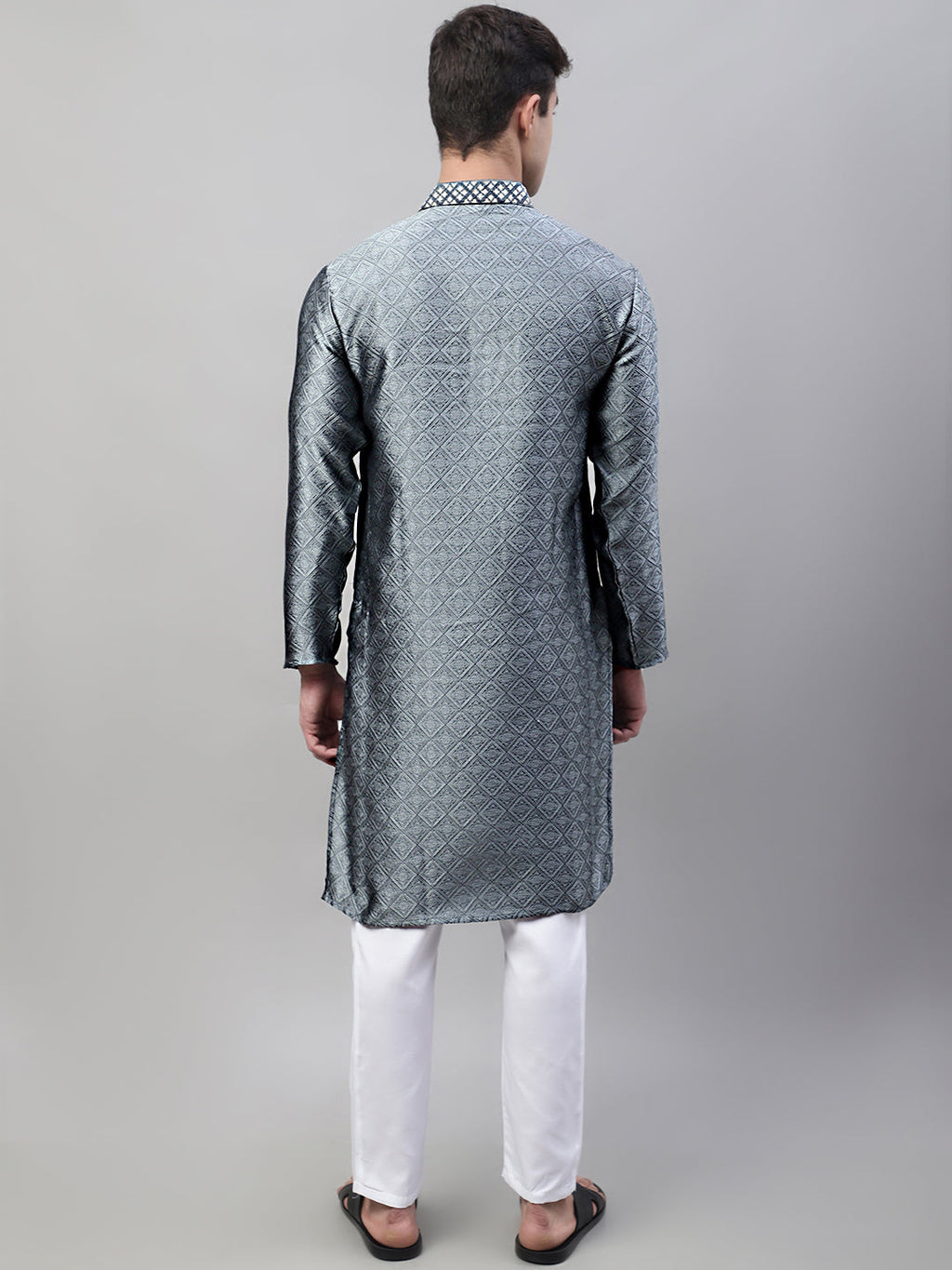 Jompers Men's Grey Collar Embroidered Silk Jacquard Kurta Pyjama | Grocsy
