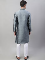 Jompers Men's Grey Collar Embroidered Silk Jacquard Kurta Pyjama | Grocsy