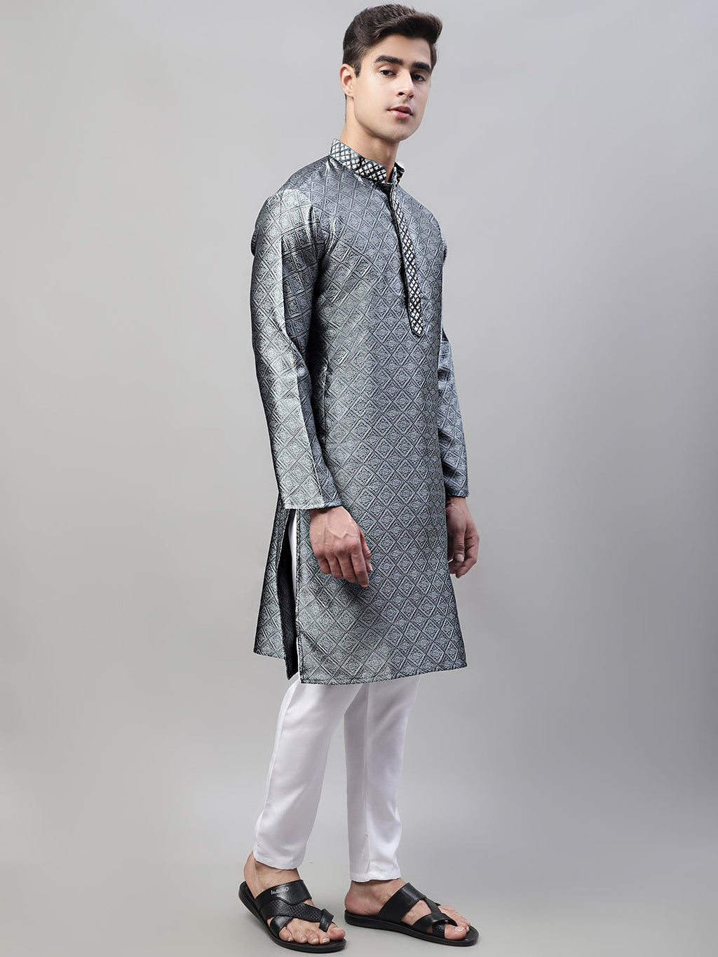 Jompers Men's Grey Collar Embroidered Silk Jacquard Kurta Pyjama | Grocsy
