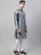 Jompers Men's Grey Collar Embroidered Silk Jacquard Kurta Pyjama | Grocsy