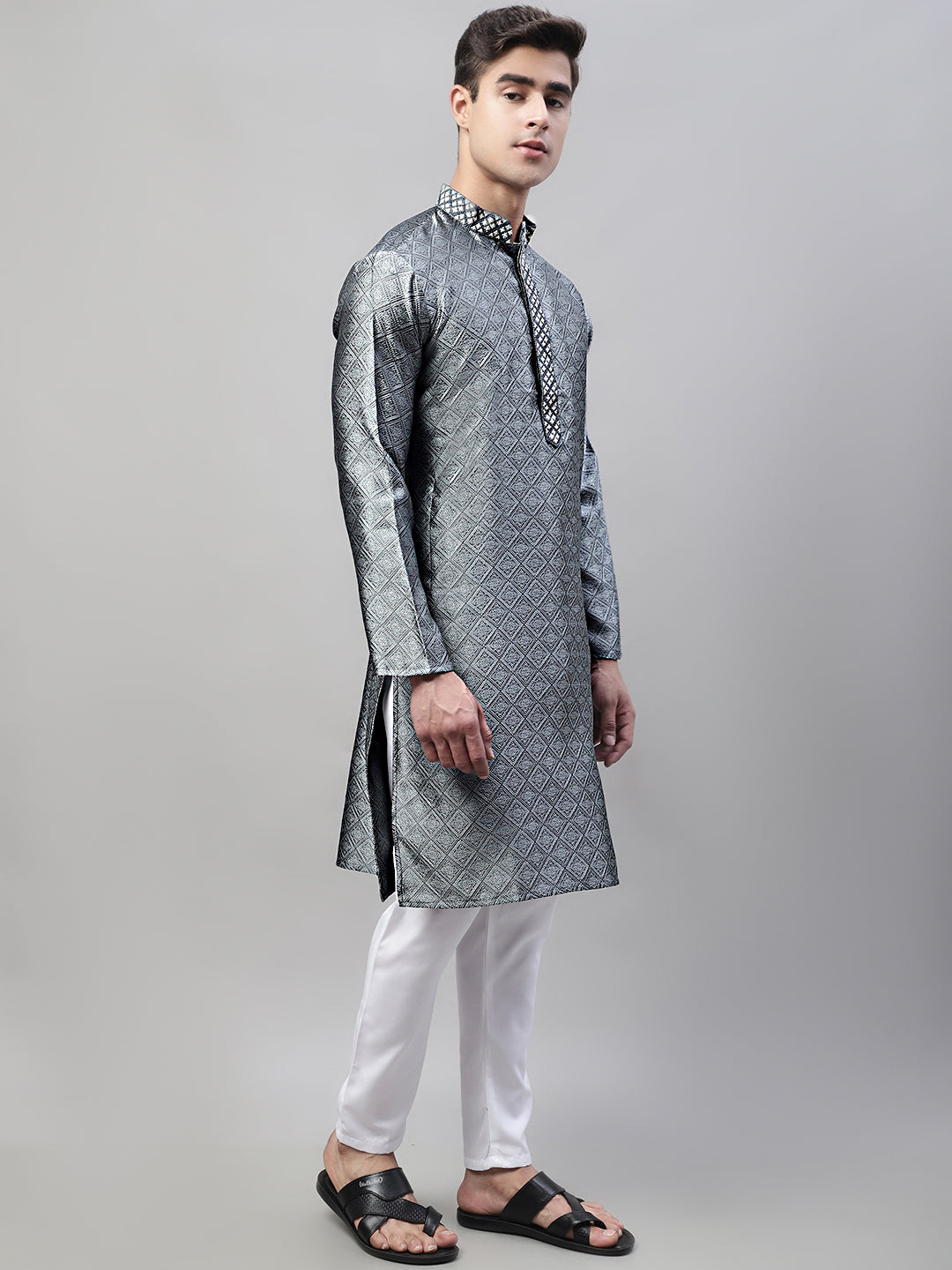 Jompers Men's Grey Collar Embroidered Silk Jacquard Kurta Pyjama | Grocsy