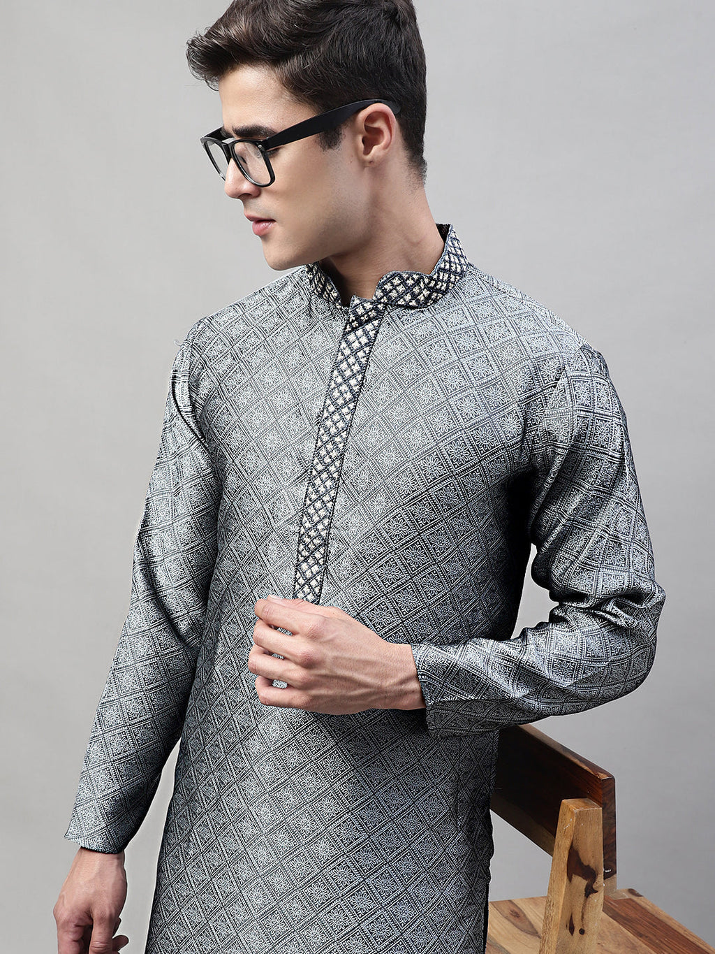 Jompers Men's Grey Collar Embroidered Silk Jacquard Kurta Pyjama | Grocsy