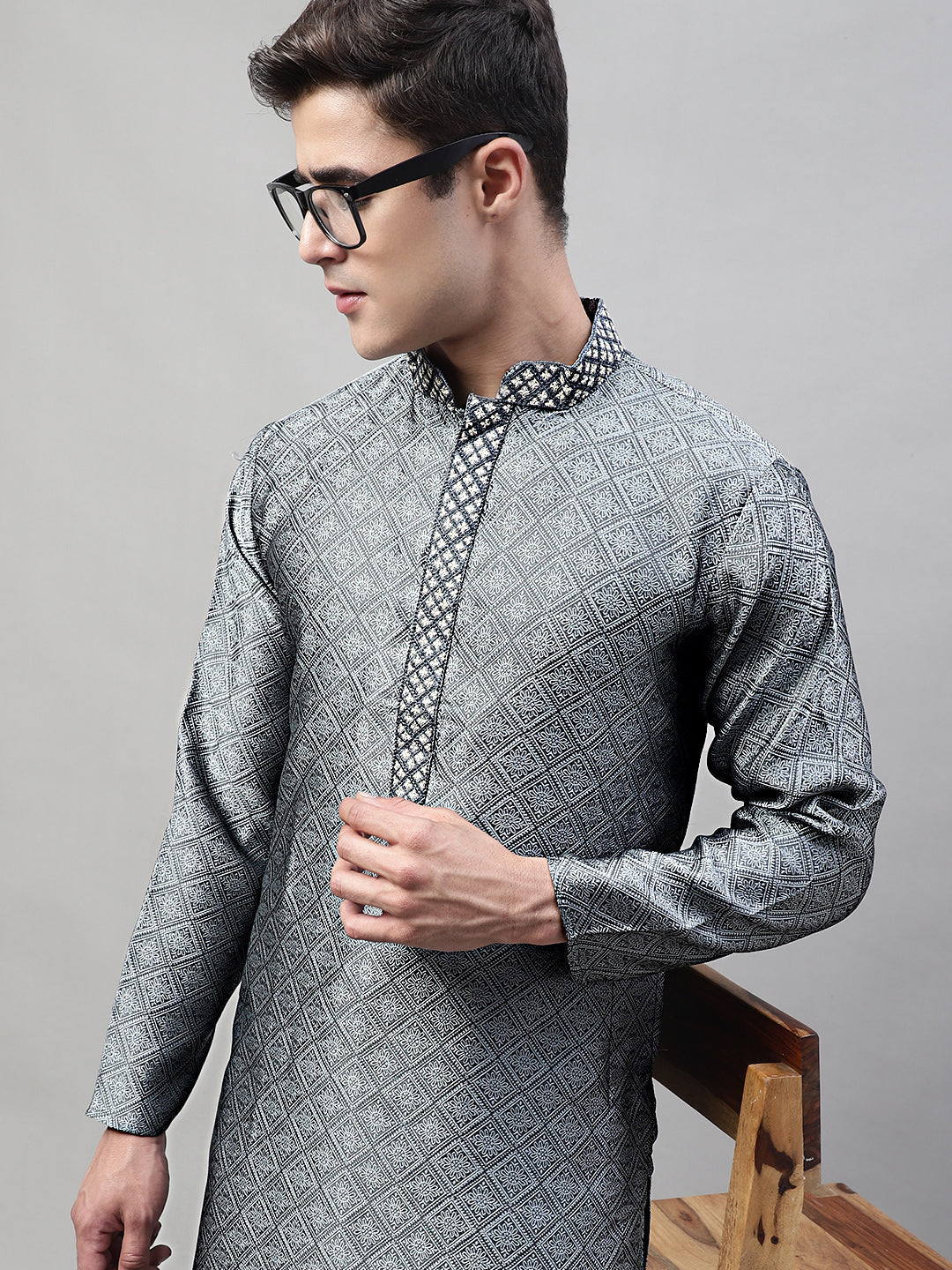 Jompers Men's Grey Collar Embroidered Silk Jacquard Kurta Pyjama | Grocsy
