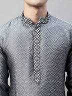 Jompers Men's Grey Collar Embroidered Silk Jacquard Kurta Pyjama | Grocsy