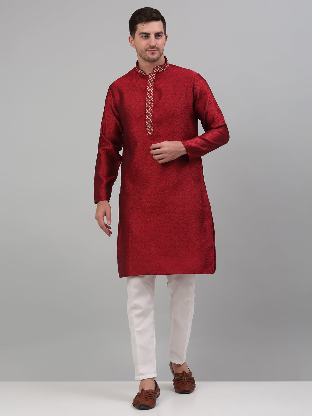Jompers Men's Maroon Collar Embroidered Kurta Pyjama | Grocsy