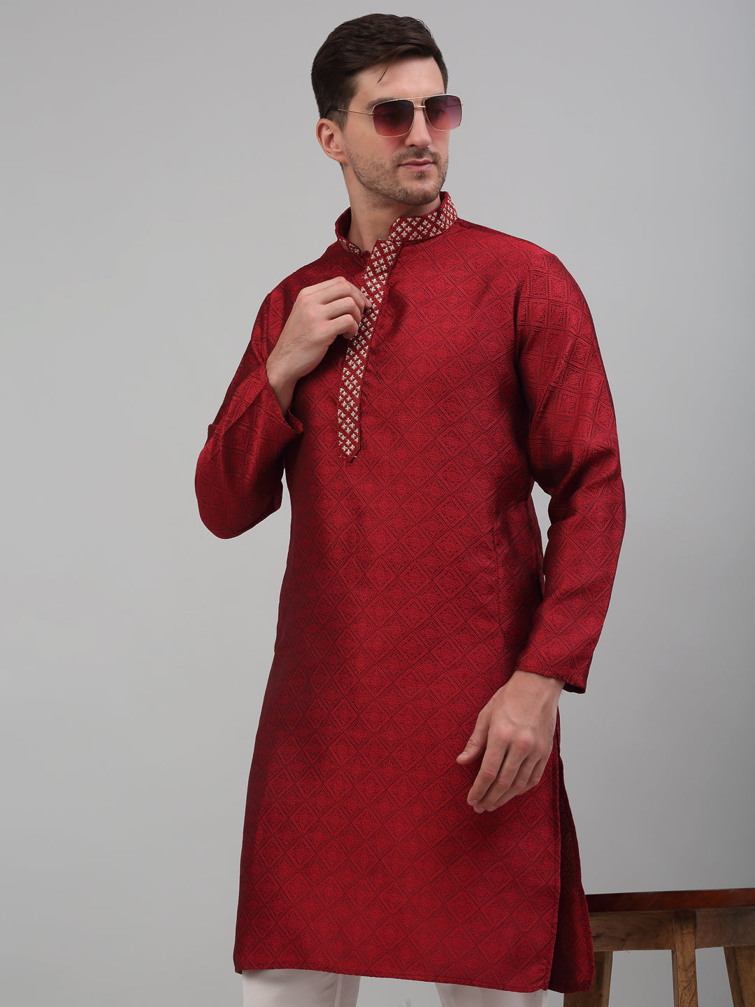 Jompers Men's Maroon Collar Embroidered Kurta Pyjama | Grocsy