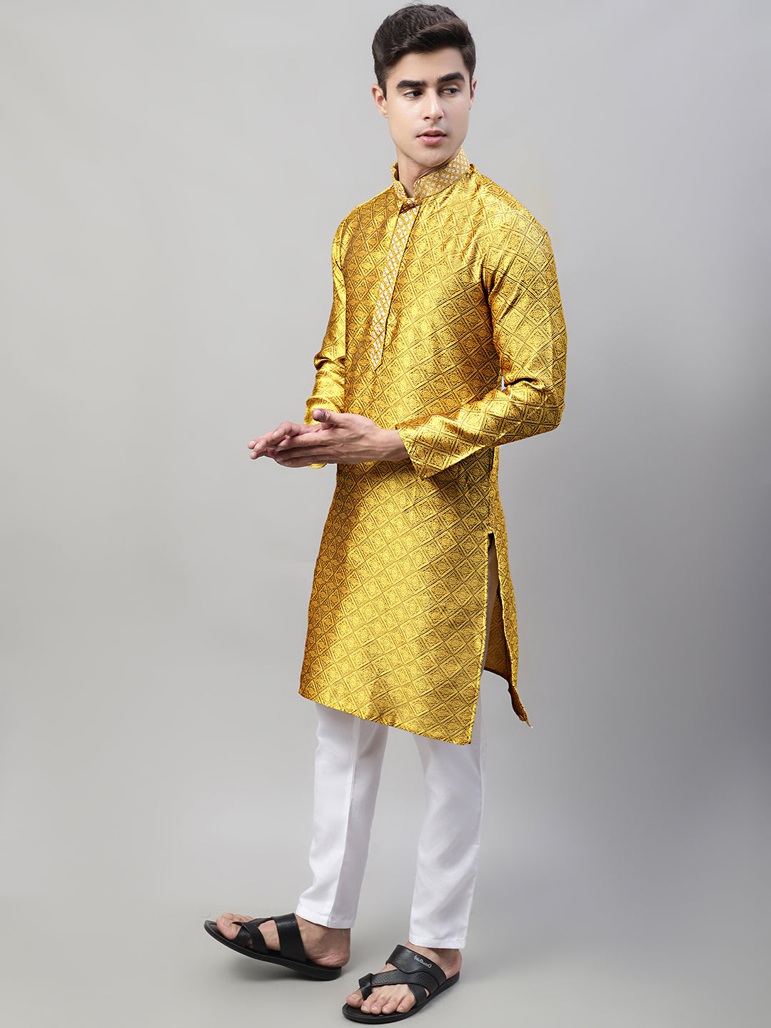 Jompers Men's Mustard Collar Embroidered Silk Jacquard Kurta Pyjama | Grocsy
