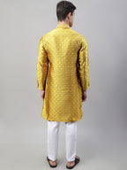 Jompers Men's Mustard Collar Embroidered Silk Jacquard Kurta Pyjama | Grocsy