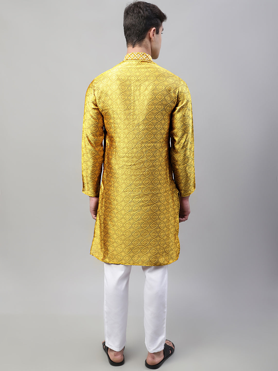 Jompers Men's Mustard Collar Embroidered Silk Jacquard Kurta Pyjama | Grocsy