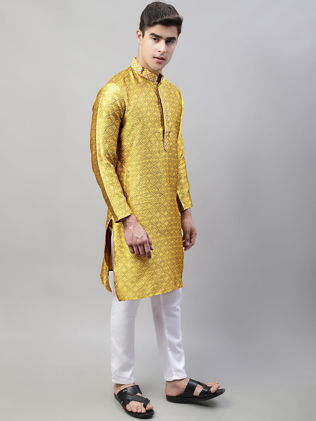 Jompers Men's Mustard Collar Embroidered Silk Jacquard Kurta Pyjama | Grocsy