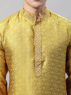 Jompers Men's Mustard Collar Embroidered Silk Jacquard Kurta Pyjama | Grocsy