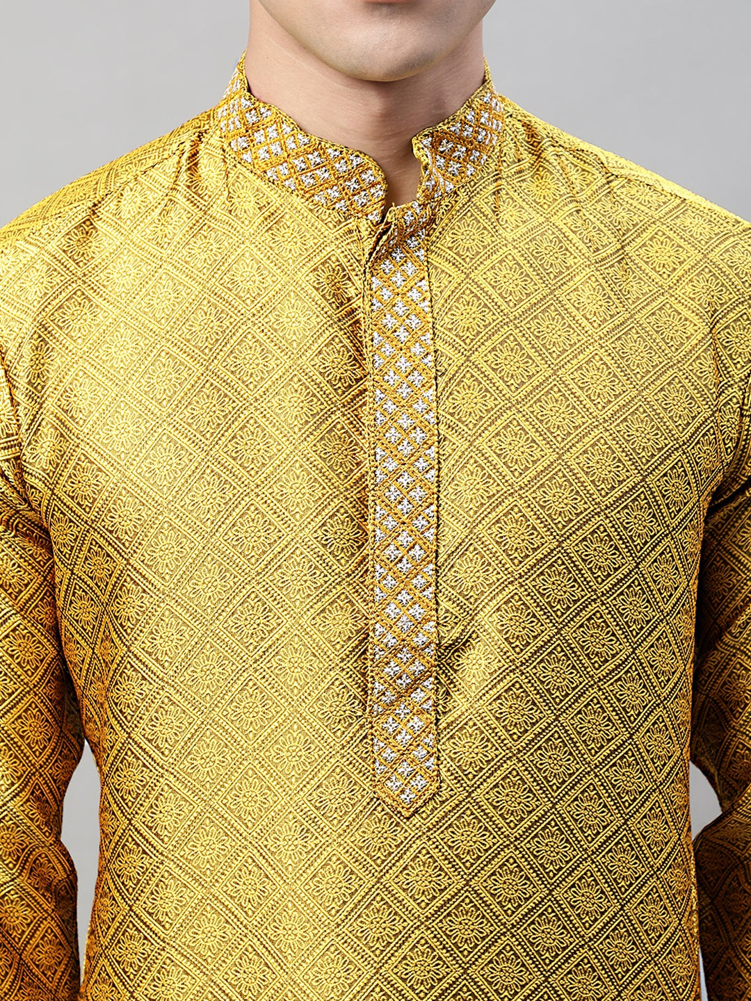 Jompers Men's Mustard Collar Embroidered Silk Jacquard Kurta Pyjama | Grocsy