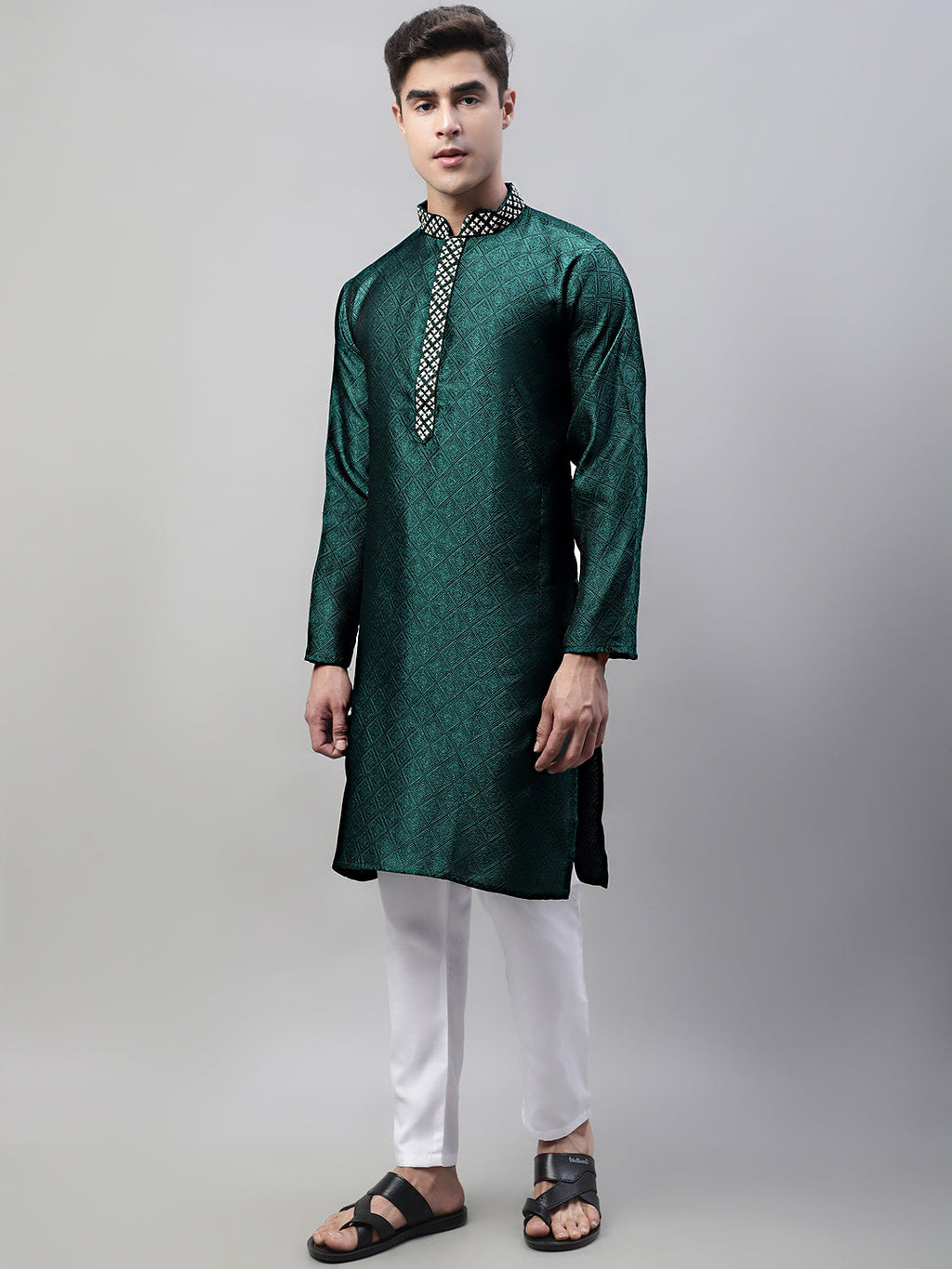Jompers Men's Olive Green Collar Embroidered Silk Jacquard Kurta Pyjama | Grocsy