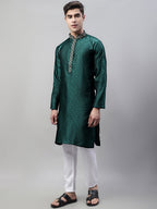 Jompers Men's Olive Green Collar Embroidered Silk Jacquard Kurta Pyjama | Grocsy