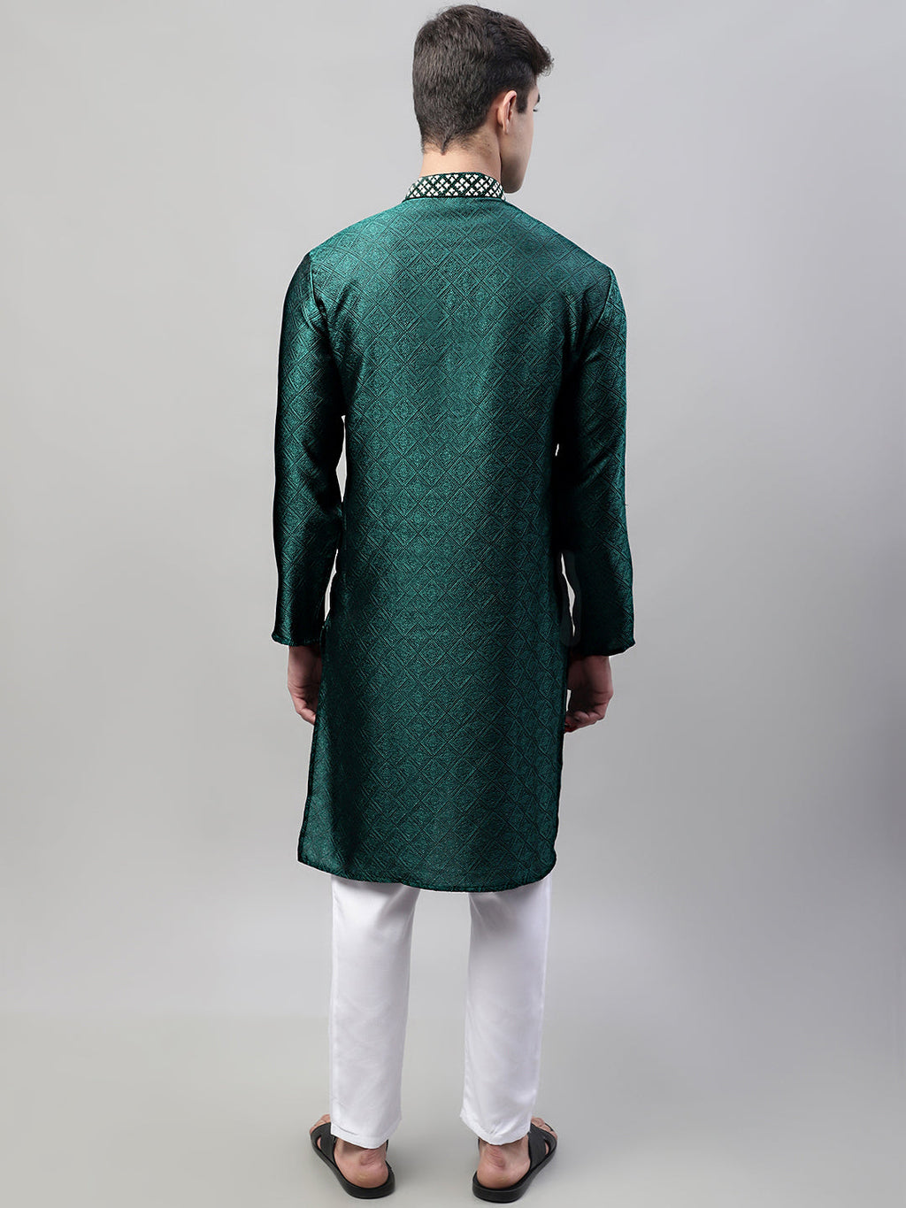 Jompers Men's Olive Green Collar Embroidered Silk Jacquard Kurta Pyjama | Grocsy