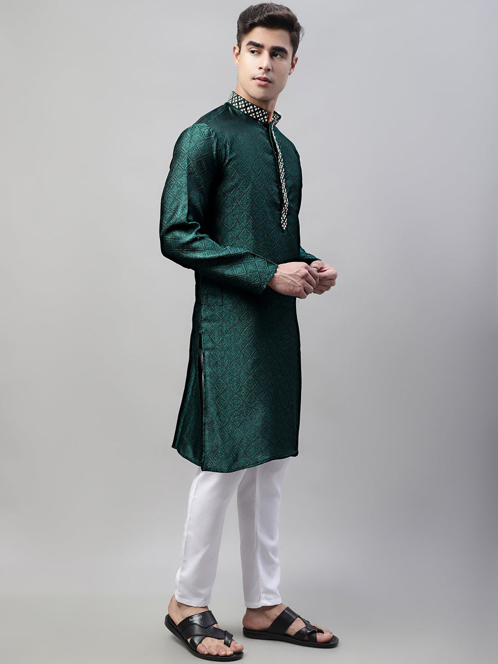 Jompers Men's Olive Green Collar Embroidered Silk Jacquard Kurta Pyjama | Grocsy