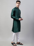 Jompers Men's Olive Green Collar Embroidered Silk Jacquard Kurta Pyjama | Grocsy