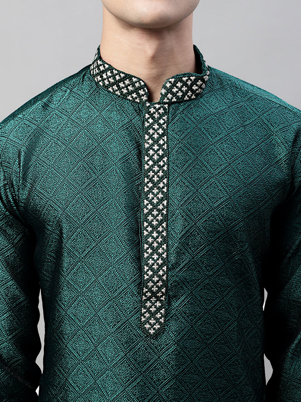 Jompers Men's Olive Green Collar Embroidered Silk Jacquard Kurta Pyjama | Grocsy