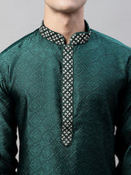 Jompers Men's Olive Green Collar Embroidered Silk Jacquard Kurta Pyjama | Grocsy