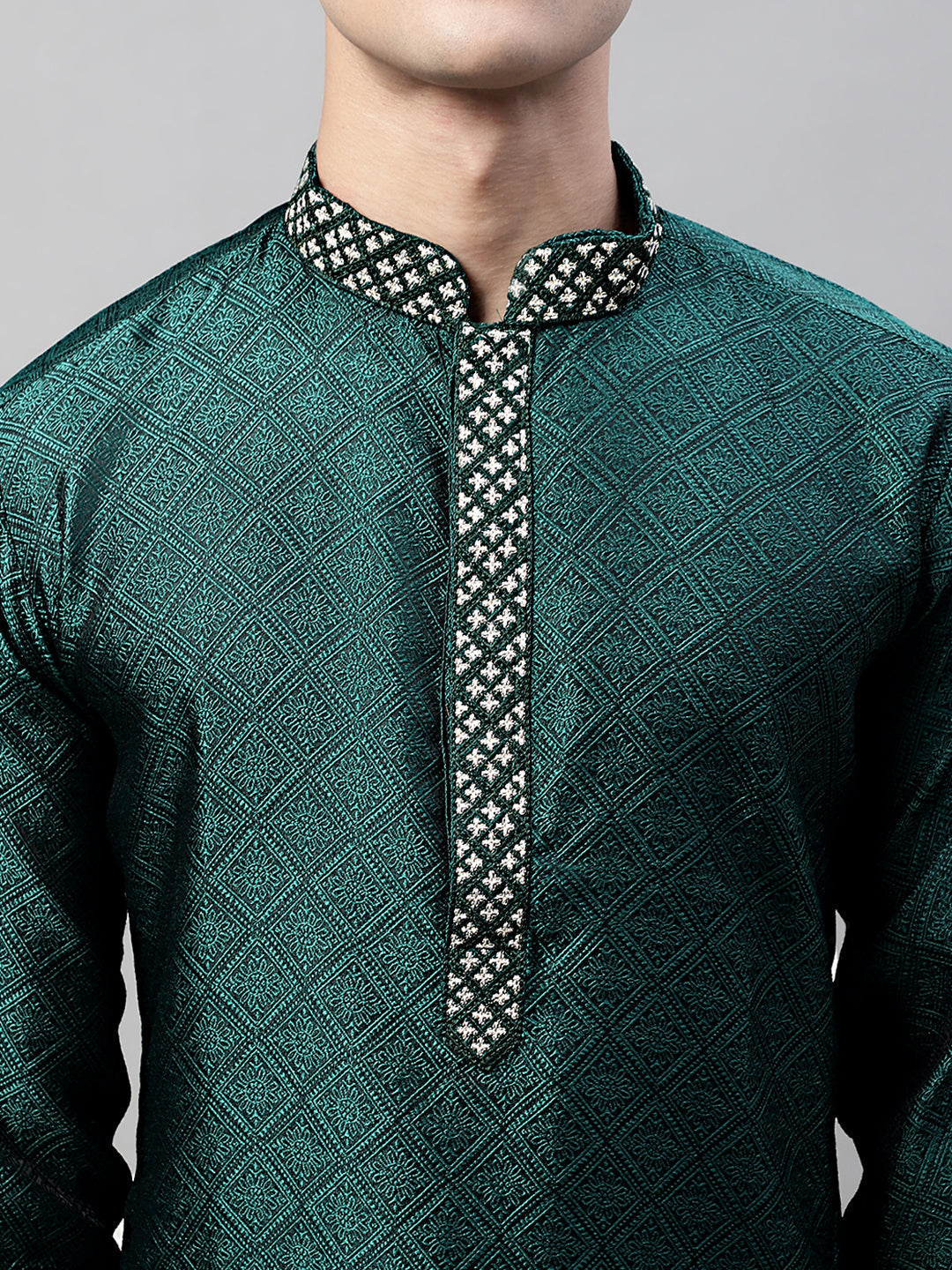 Jompers Men's Olive Green Collar Embroidered Silk Jacquard Kurta Pyjama | Grocsy