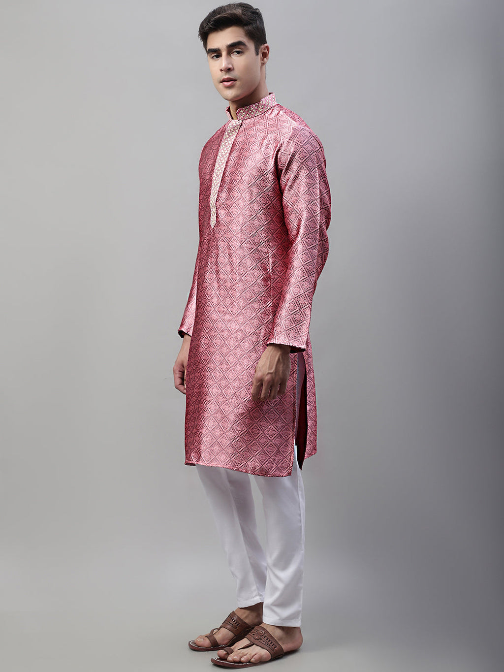 Jompers Men's Pink Collar Embroidered Silk Jacquard Kurta Pyjama | Grocsy