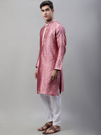 Jompers Men's Pink Collar Embroidered Silk Jacquard Kurta Pyjama | Grocsy