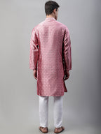 Jompers Men's Pink Collar Embroidered Silk Jacquard Kurta Pyjama | Grocsy