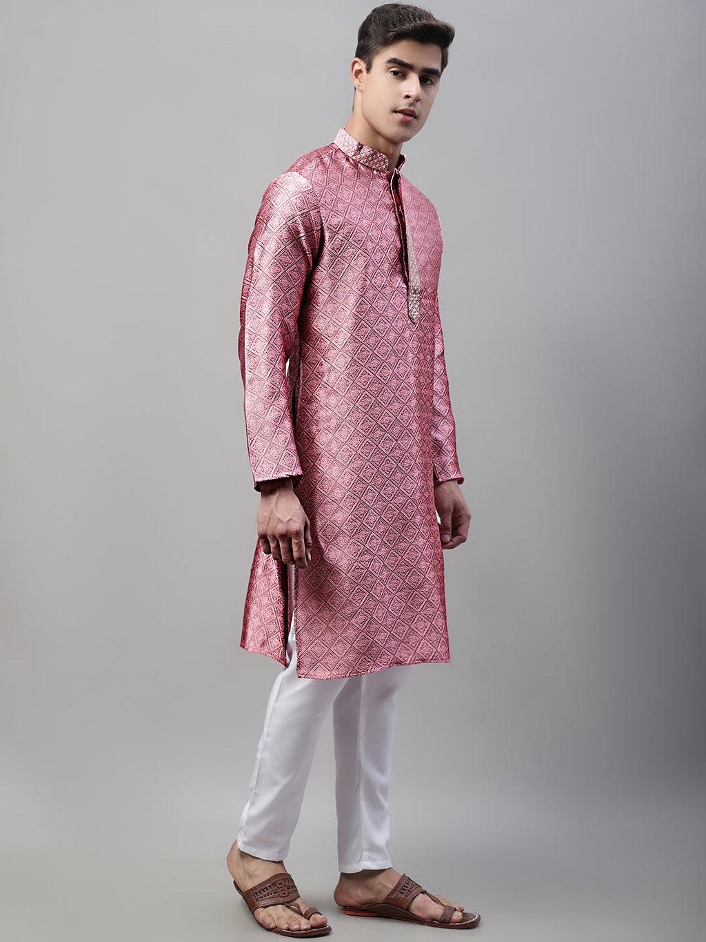 Jompers Men's Pink Collar Embroidered Silk Jacquard Kurta Pyjama | Grocsy