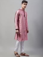 Jompers Men's Pink Collar Embroidered Silk Jacquard Kurta Pyjama | Grocsy