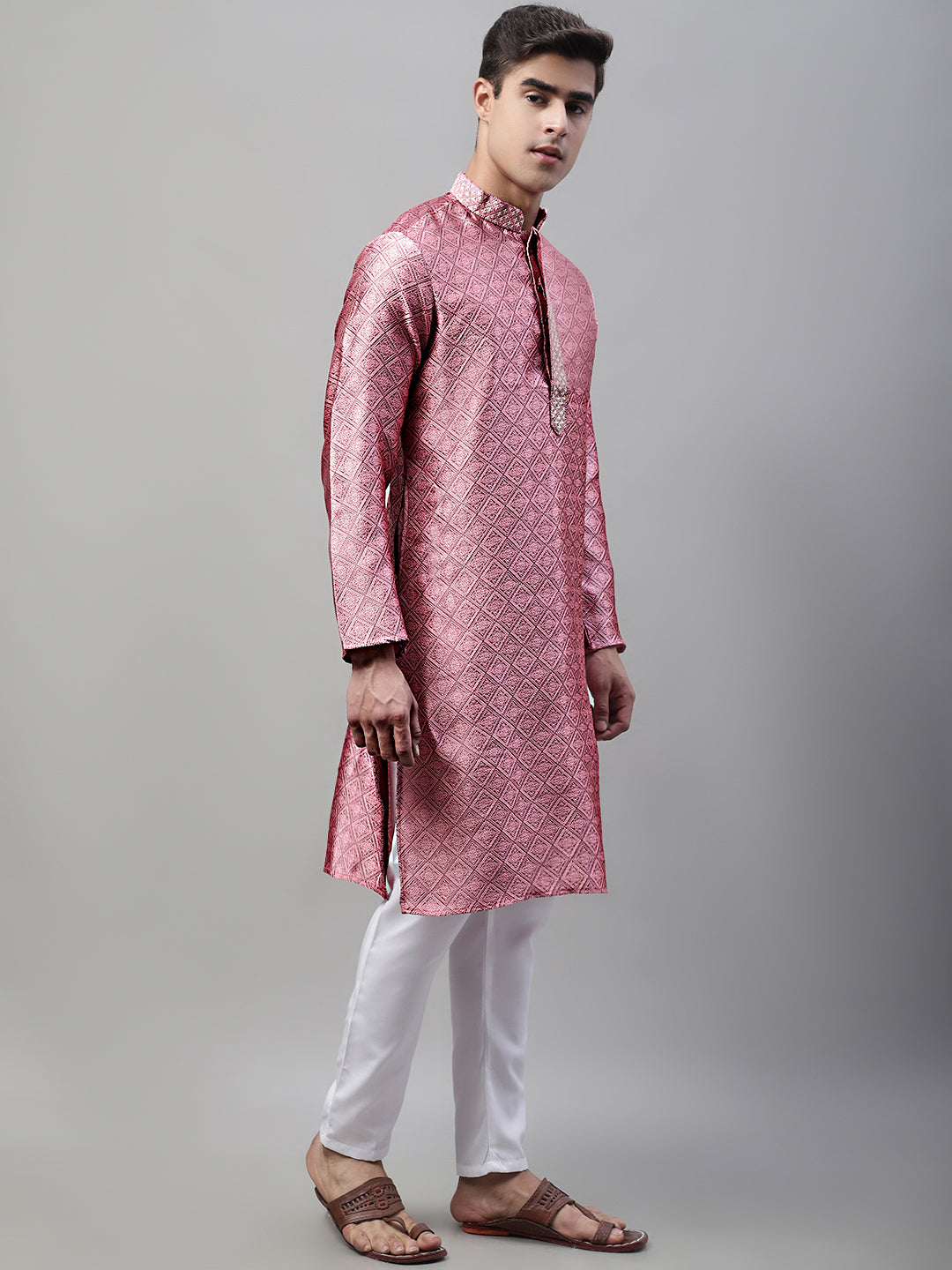 Jompers Men's Pink Collar Embroidered Silk Jacquard Kurta Pyjama | Grocsy
