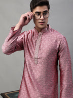 Jompers Men's Pink Collar Embroidered Silk Jacquard Kurta Pyjama | Grocsy