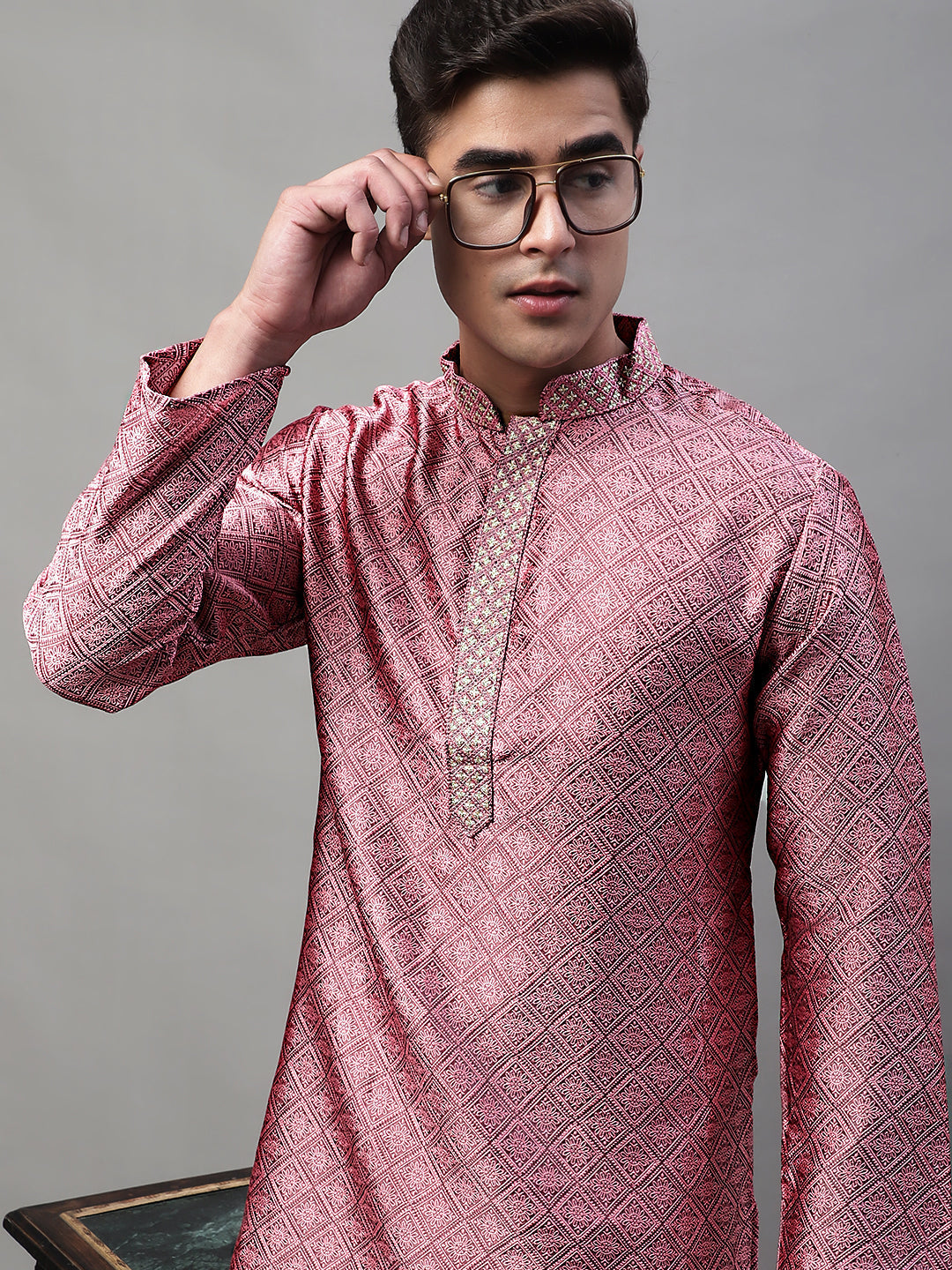 Jompers Men's Pink Collar Embroidered Silk Jacquard Kurta Pyjama | Grocsy