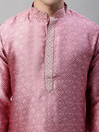 Jompers Men's Pink Collar Embroidered Silk Jacquard Kurta Pyjama | Grocsy