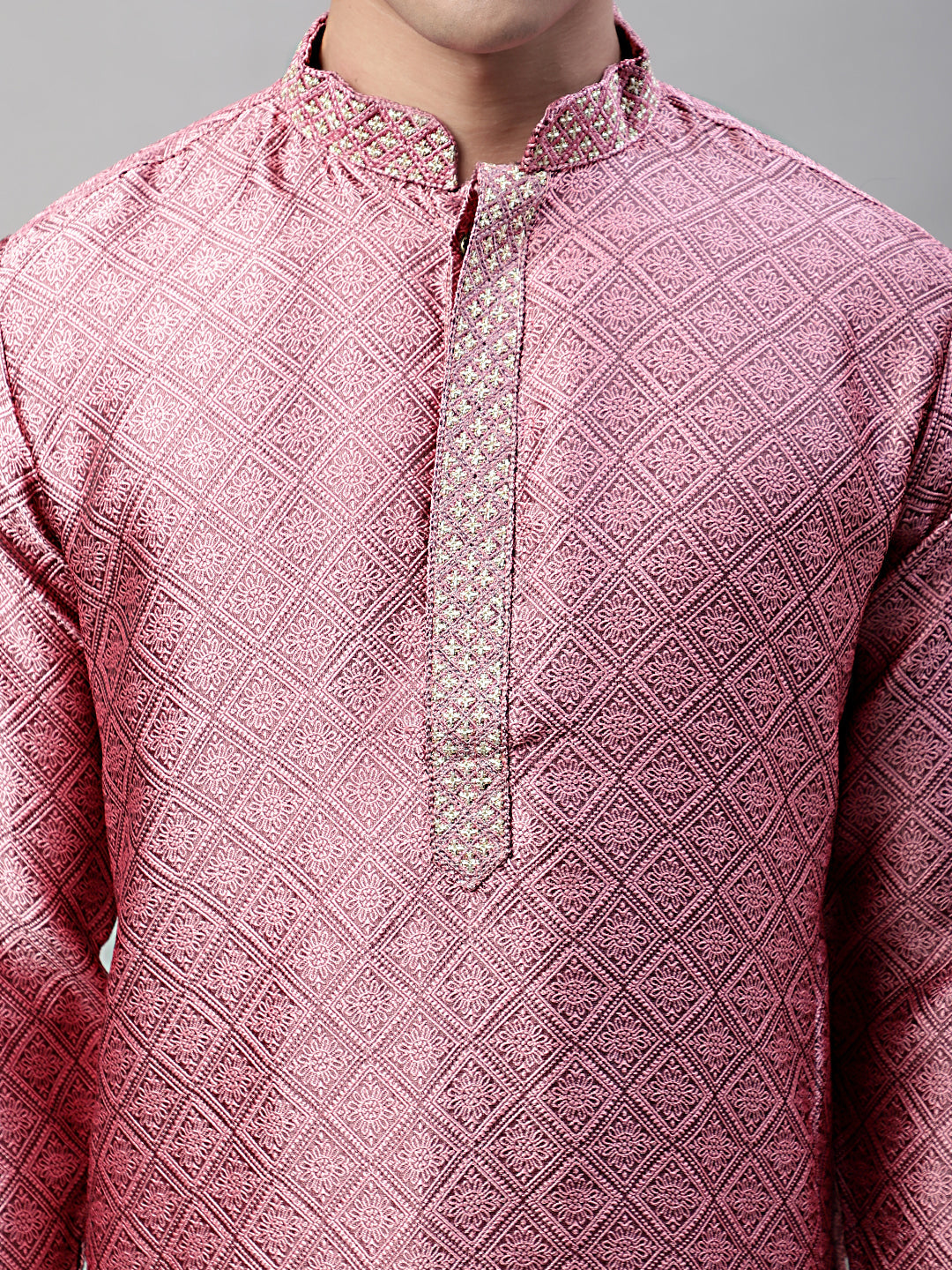 Jompers Men's Pink Collar Embroidered Silk Jacquard Kurta Pyjama | Grocsy