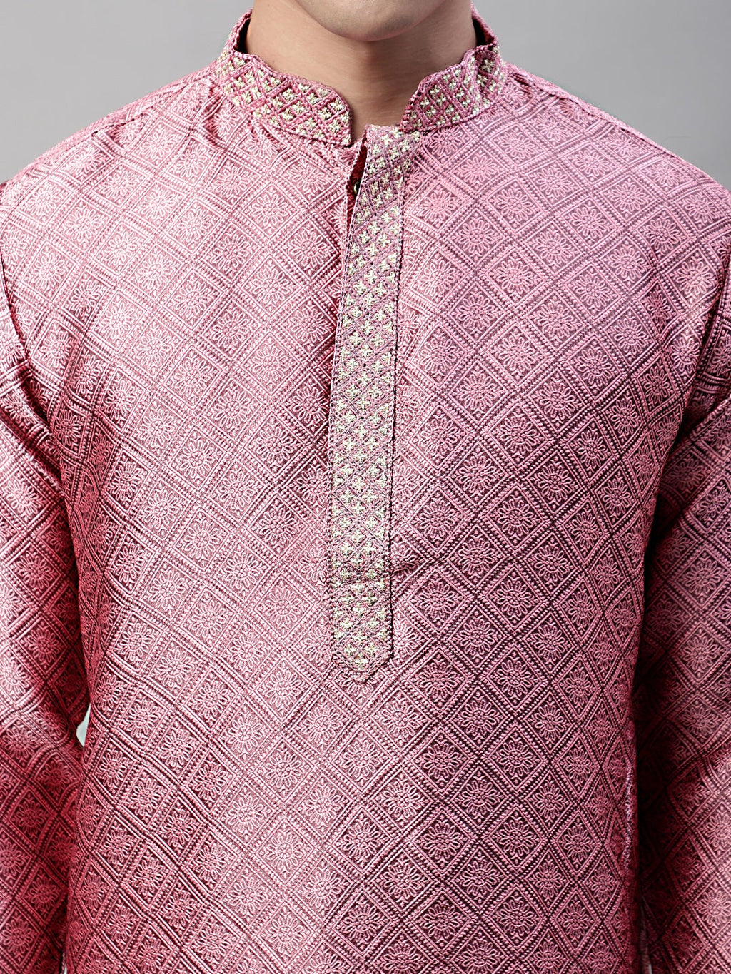 Jompers Men's Pink Collar Embroidered Silk Jacquard Kurta Pyjama | Grocsy