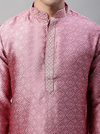 Jompers Men's Pink Collar Embroidered Silk Jacquard Kurta Pyjama | Grocsy
