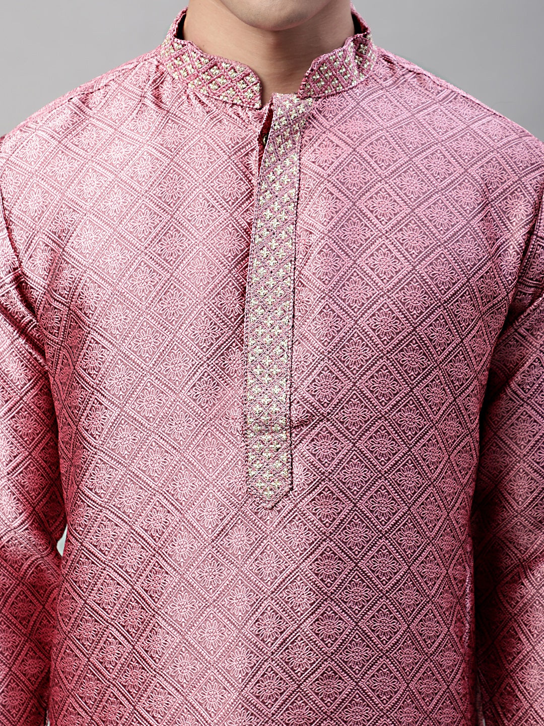 Jompers Men's Pink Collar Embroidered Silk Jacquard Kurta Pyjama | Grocsy