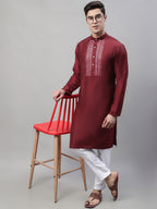 Jompers Men's Maroon Cotton Silk Mirror Work Kurta Pyjama | Grocsy