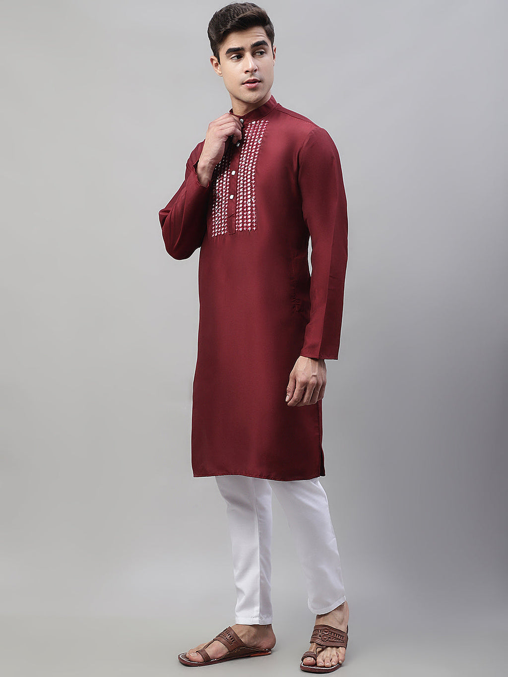 Jompers Men's Maroon Cotton Silk Mirror Work Kurta Pyjama | Grocsy