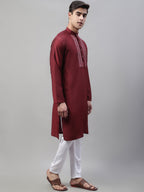 Jompers Men's Maroon Cotton Silk Mirror Work Kurta Pyjama | Grocsy