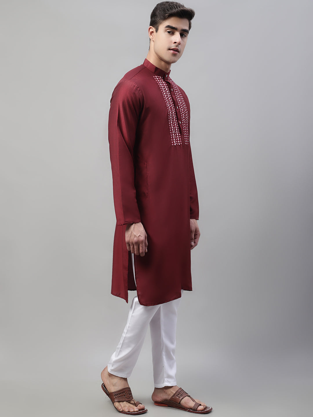 Jompers Men's Maroon Cotton Silk Mirror Work Kurta Pyjama | Grocsy
