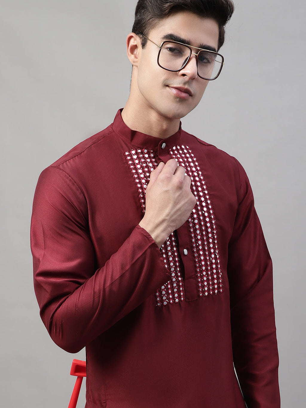 Jompers Men's Maroon Cotton Silk Mirror Work Kurta Pyjama | Grocsy