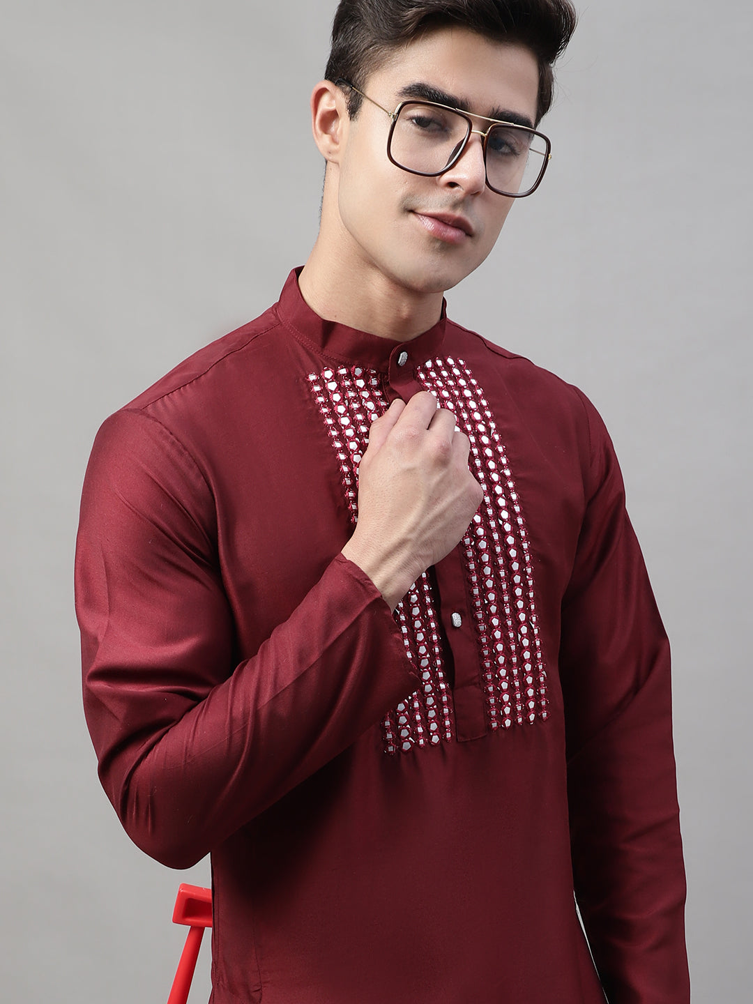 Jompers Men's Maroon Cotton Silk Mirror Work Kurta Pyjama | Grocsy