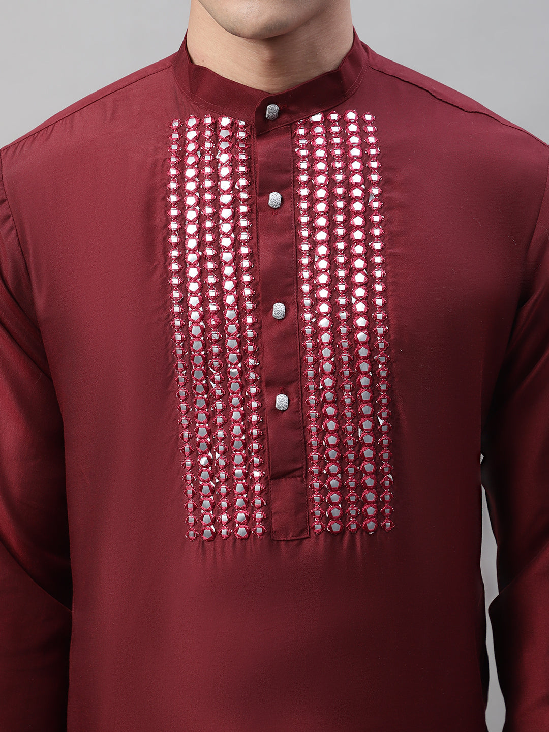 Jompers Men's Maroon Cotton Silk Mirror Work Kurta Pyjama | Grocsy