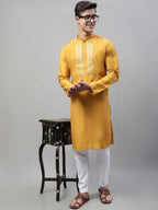 Jompers Men's Mustard Cotton Silk Mirror Work Kurta Pyjama | Grocsy