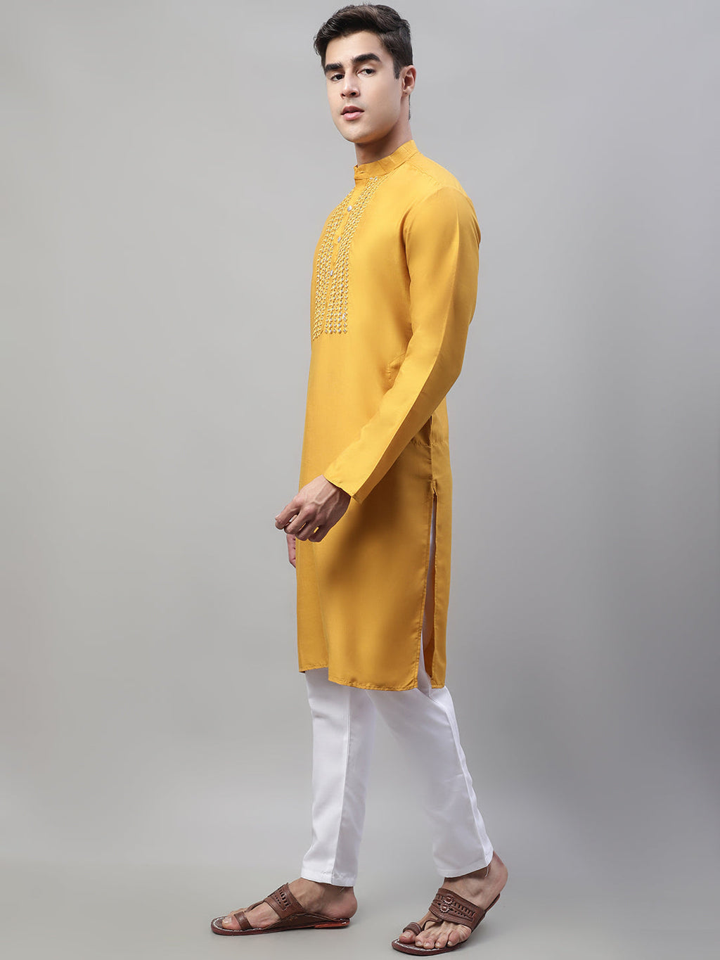 Jompers Men's Mustard Cotton Silk Mirror Work Kurta Pyjama | Grocsy