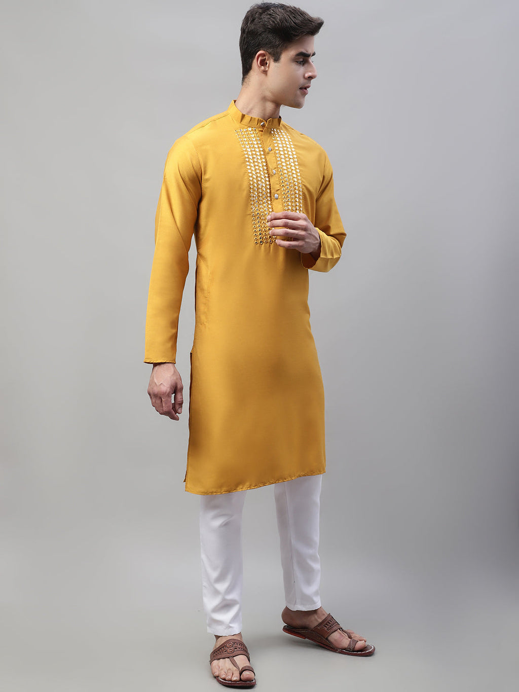 Jompers Men's Mustard Cotton Silk Mirror Work Kurta Pyjama | Grocsy