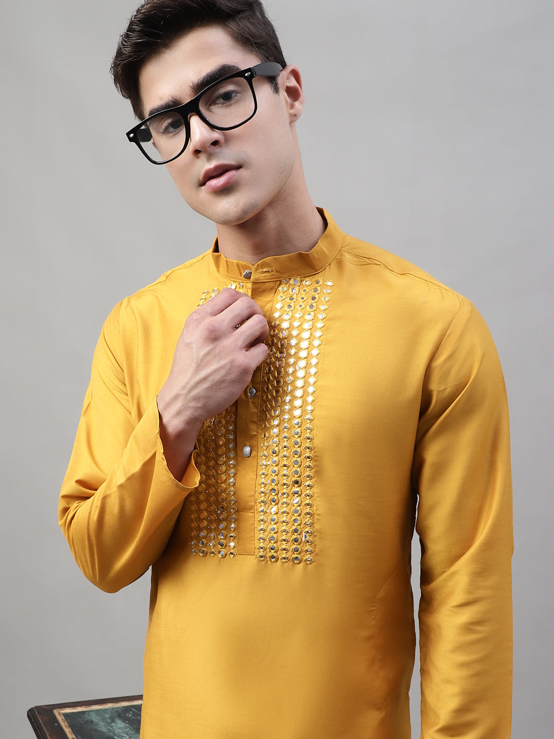 Jompers Men's Mustard Cotton Silk Mirror Work Kurta Pyjama | Grocsy