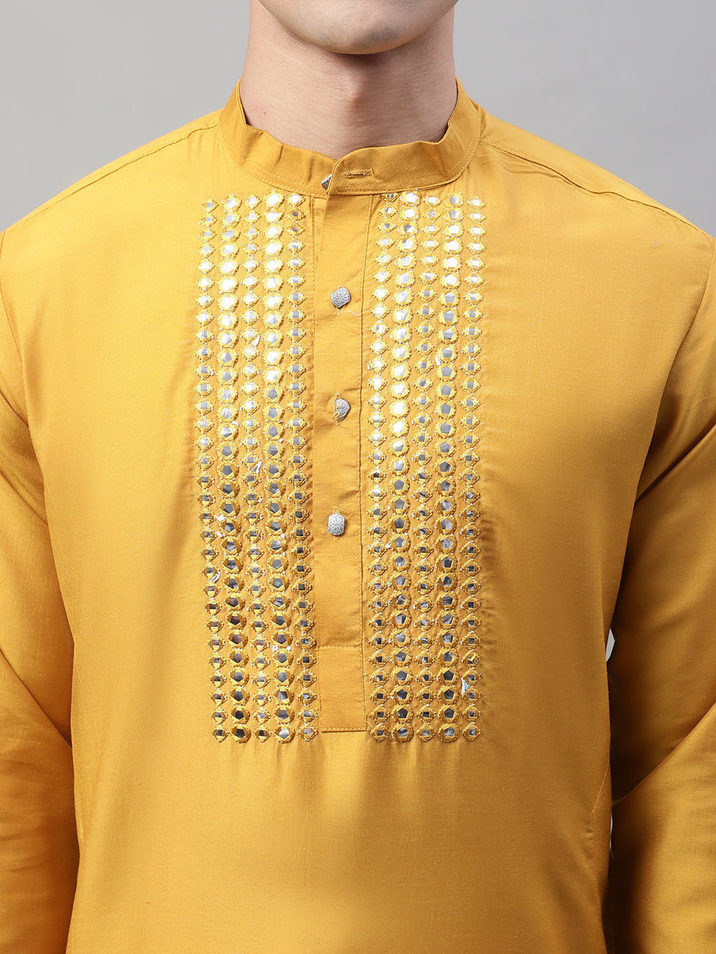 Jompers Men's Mustard Cotton Silk Mirror Work Kurta Pyjama | Grocsy